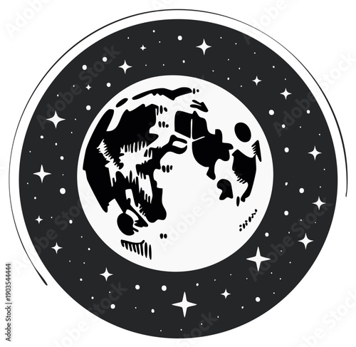 Full Moon and Stars Celestial Illustration Graphic, Vector Graphic Style, Dark Outer Space, Night Sky Elements and Moonlight