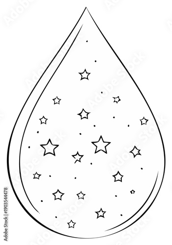 Hand-drawn line art of a magic water drop filled with sparkling stars
