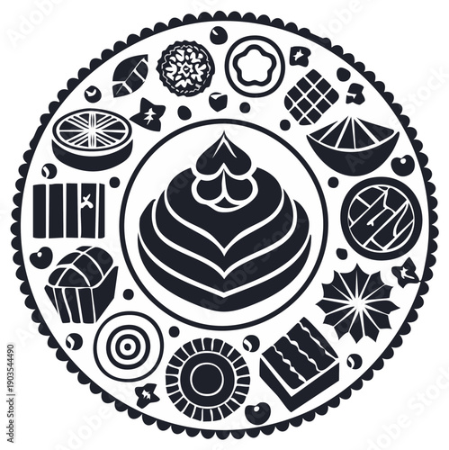 Decorative pastry and sweets arrangement in circle design