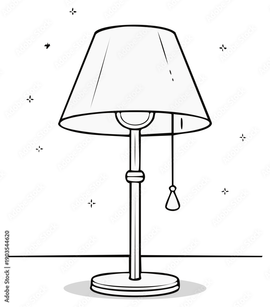 Obraz premium Monochrome Table Lamp with Shade and Cord Pull Outline Illustration Interior Lighting
