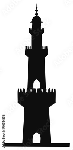 Black silhouette of a tall Islamic minaret with decorative crenellations and a finial