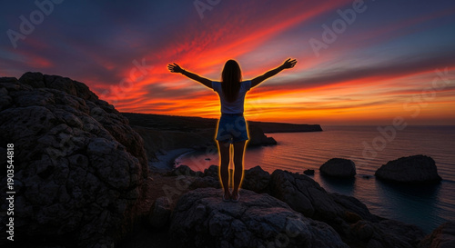 Bird's eye view of a solitary female figure on a dramatic rocky peninsula jutting into turquoise waters, with the setting sun casting long shadows across the landscape.
