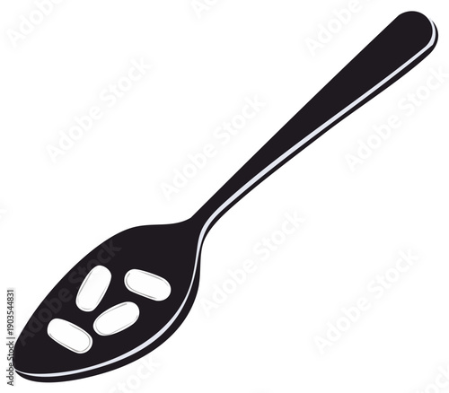 Pills in Black Slotted Spoon Depicting Medication Dosage or Dietary Supplement Concept