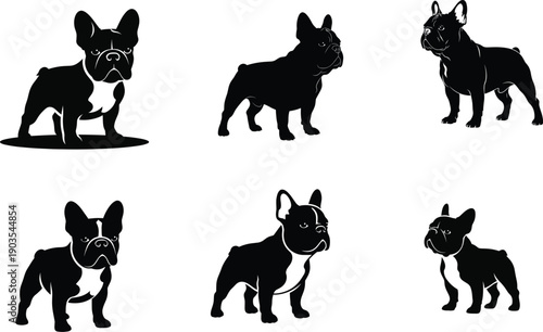 Six black and white illustrations of french bulldogs in various poses