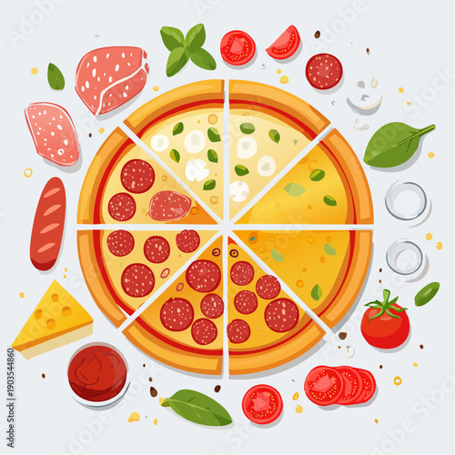 A vibrant overhead view of a delicious pizza with assorted toppings and fresh ingredients arranged around it, perfect for a food blog or restaurant menu
