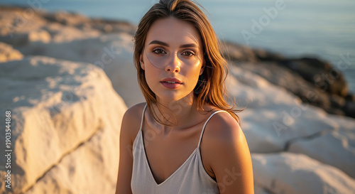 Dramatic silhouette composition of a young woman standing on elevated beach rocks, arms outstretched, backlit by an intense orange and purple sunset sky.