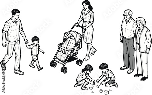 A generational portrait of a family, capturing a heartwarming sketch.