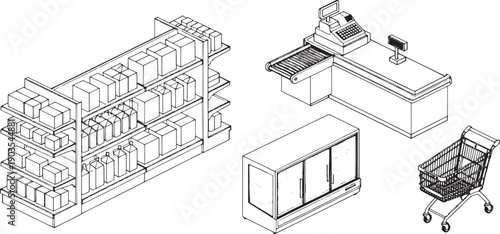 Supermarket interior elements, perfect for illustrating the essence of retail and consumerism.