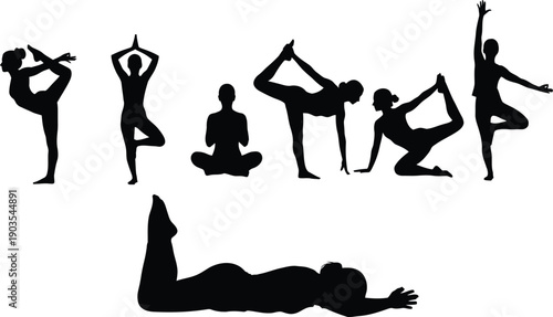 Yoga poses in silhouette against a white background showcasing various exercises and stretches in black silhouette