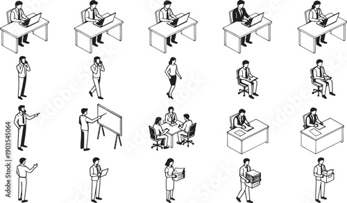 Diverse business people engaging in various workplace activities, from desk work to presentations to collaborative meetings, all presented in a clean, professional, and visually engaging graphic.