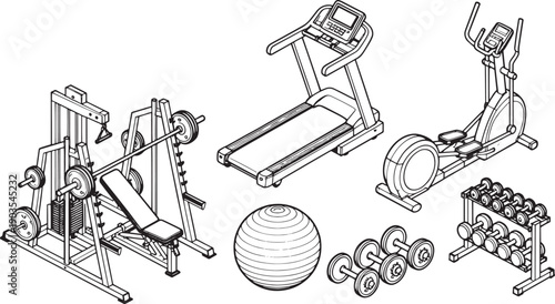 Gym equipment outlined, showcasing a diverse array of exercise machines essential for a comprehensive workout. 