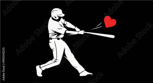 Baseball Player Hitting Heart Silhouette - Minimalist Sports Passion Graphic Illustration for Valentine's Day and Apparel