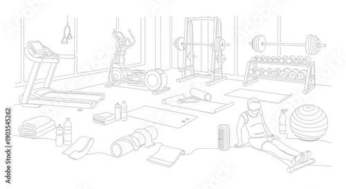 Detailed line art illustration depicting a fully equipped modern gym interior with exercise equipment and a person resting after a workout
