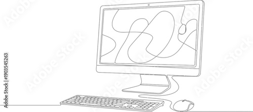 Minimalist continuous line drawing depicts a modern all-in-one desktop computer setup including the monitor keyboard and mouse