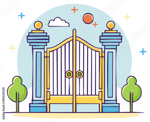 Cartoon illustration of a golden gate and pillar with decorative sky