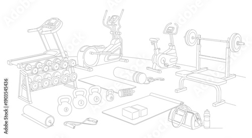 Collection of various black and white line art gym equipment and fitness accessories laid out for a workout session