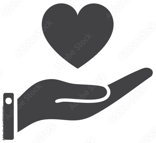 Heart symbol above open hand offering support. Love, care and donation icon.