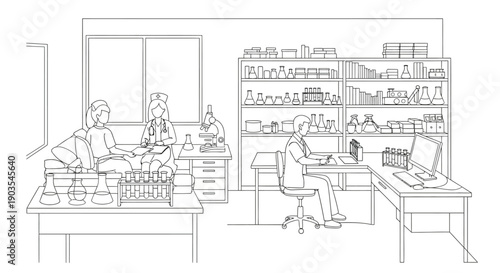 Medical professionals and a technician work inside a detailed laboratory setting with glassware and equipment suggesting scientific research or testing activities