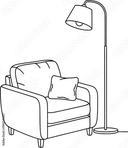 Minimalist line art drawing depicts a comfortable modern armchair situated next to a tall adjustable floor lamp providing cozy illumination for reading.