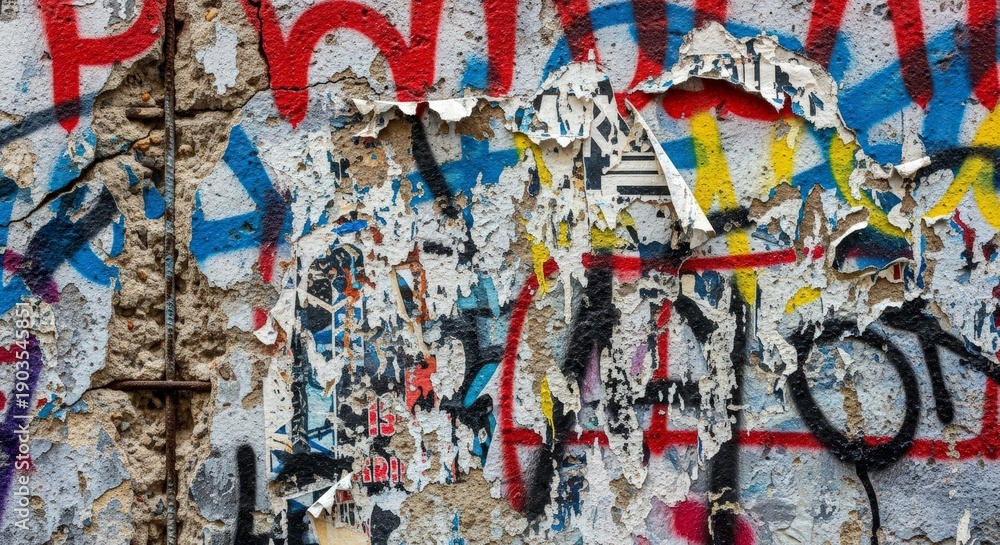 Obraz premium Graffiti covered wall with colorful stickers.