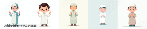 vector of a little Muslim boy standing in a praying gesture front view