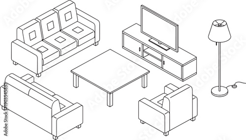 Minimalist monochromatic outline of a modern living room interior, showcasing furniture arrangements and design elements.