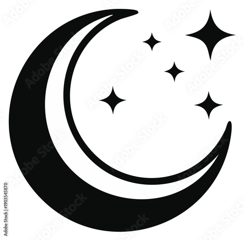 Crescent moon with twinkling stars nighttime sky black and white astronomy lunar phase icon illustration
