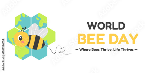World Bee Day celebration banner with cute bee and globe honeycomb background. Pollination, biodiversity conservation, environmental awareness campaign concept. Flat vector illustration