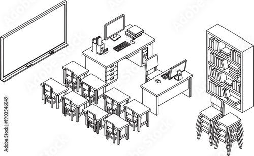 Isometric view of an education classroom.