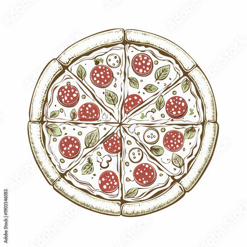 Delicious Sliced Pizza with Pepperoni and Mushrooms, a Hand-Drawn Illustration Perfect for Food Menus and Culinary Designs