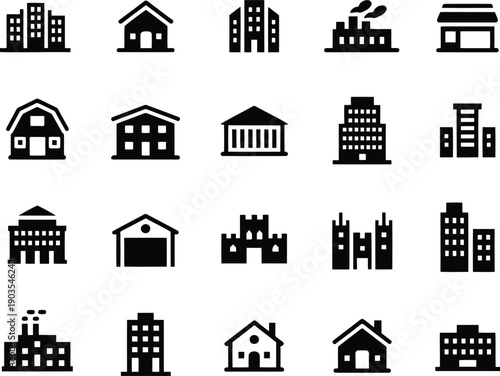 Collection of modern city buildings and houses in black silhouette