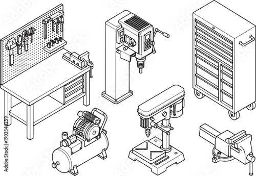 Isometric Tools of The Trade: A meticulously crafted illustration presents a variety of essential tools, highlighting craftsmanship and industrial precision.