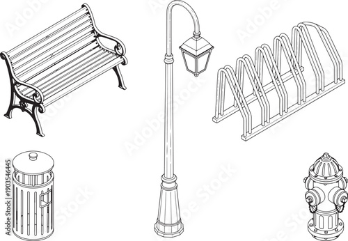 Collection of common urban elements, rendered in a minimalist style, presenting a harmonious collection for urban projects.