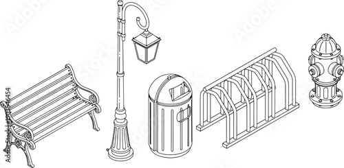 A stylized line art illustration of park elements on isolated background, a bench, a lamppost, a trash can, a bike rack, and a fire hydrant, creating a timeless representation of urban landscape.