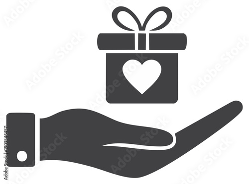 Hand presenting gift box with heart symbol icon illustration for love charity donation