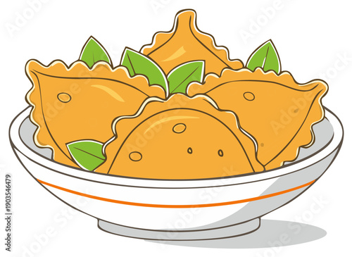 Delicious golden samosas with basil leaves in a white bowl. Traditional Indian food concept.