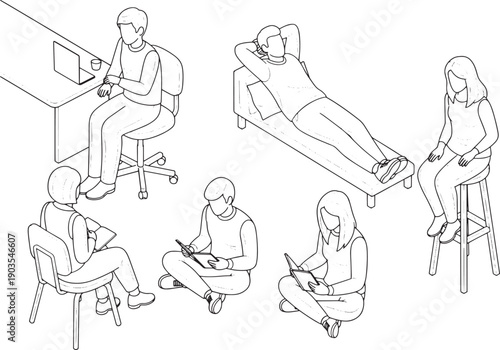 People engaging in different activities, showcasing a range of activities and lifestyles, from working to relaxing, ideal for illustrating everyday life and routines.