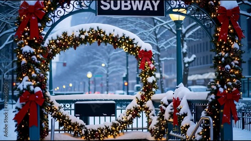 Subway entrance decorated for winter holidays with snowfall and festive garland