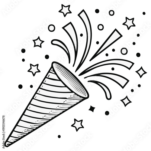 Party popper illustration with stars and confetti in a hand drawn style.