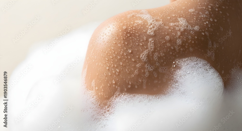 Fototapeta premium A Woman's Shoulder Emerges From Foaming Bathwater, Water Droplets Clinging to Skin