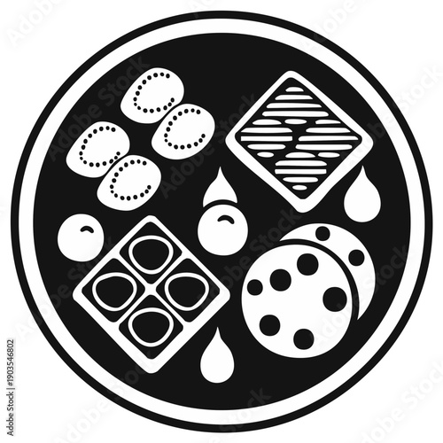 Assortment of sweet breakfast and dessert food items on a plate, minimalist black and white icon