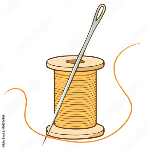 Golden thread spool with a long silver needle for sewing and mending clothes