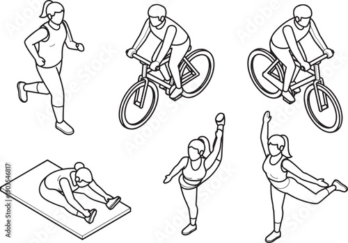 Various fitness activities showcase active lifestyle and well-being. Individuals engage in exercise, promoting health and vitality, offering a comprehensive look at wellness.