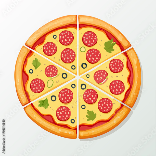 Delicious classic pepperoni pizza cut into six ready-to-eat slices, showcasing an appetizing fast food treat, perfect for sharing and enjoyment