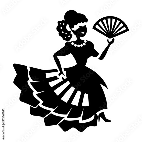girl dancing flamenco with fan silhouette icon illustration for dance, culture, and creative design use