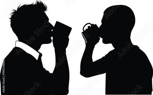 Men, drinking, coffee, silhouette, break, conversation, lifestyle, caffeine, beverage, mugs, profiles, black, figures, isolated, white, background, routine, morning, people, illustration