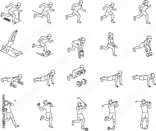 Illustration of various exercises showcasing diverse sports, offering a dynamic array of fitness activities. The graphic composition encompasses a spectrum of actions.