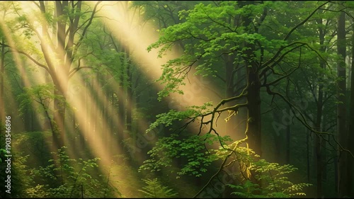 Sunlight streams through lush green forest canopy creating a vibrant atmosphere