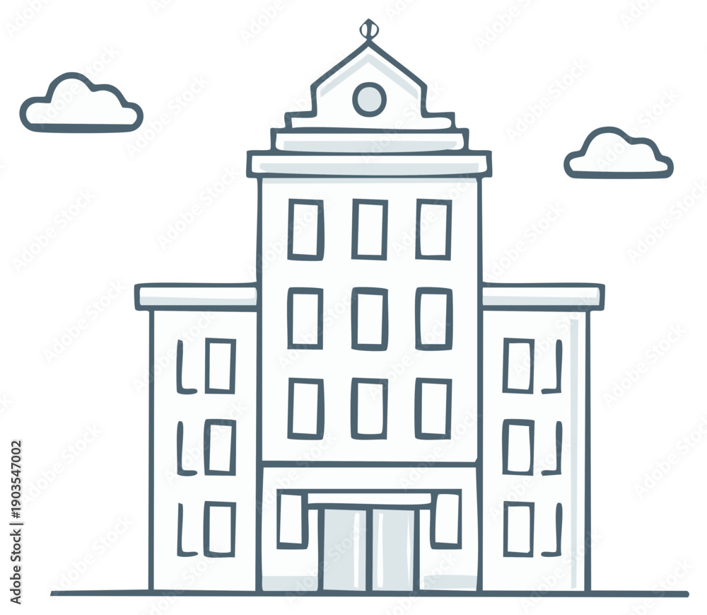 Fototapeta premium Stylized Hand Drawn Municipal Building with Clouds, Flat Design