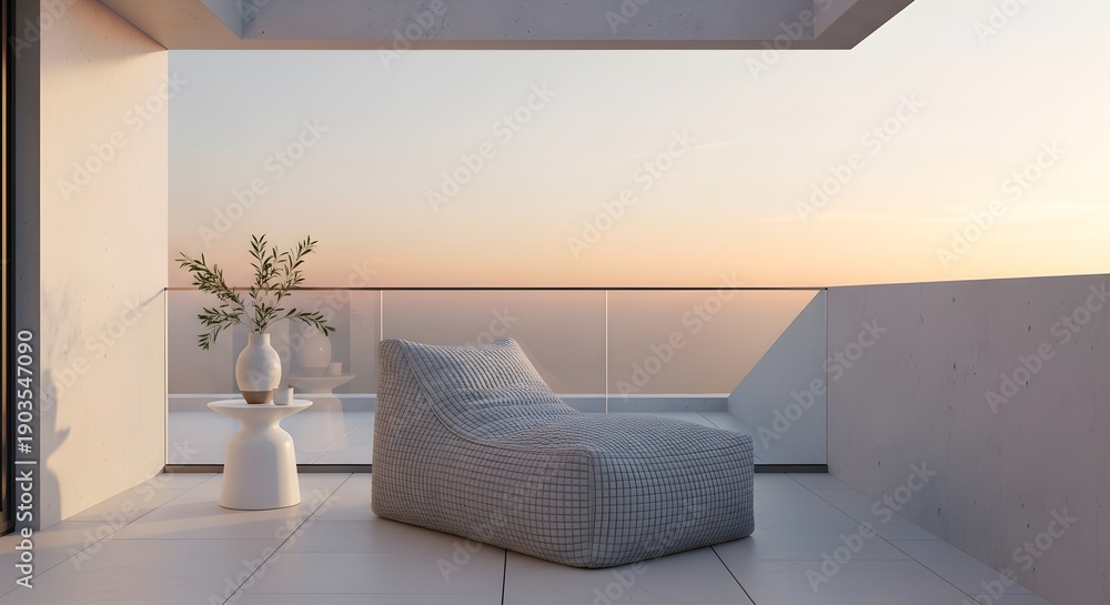 Fototapeta premium Serene Balcony Retreat A Cozy Beanbag Chair Embraces the Sunset Hues of the Horizon